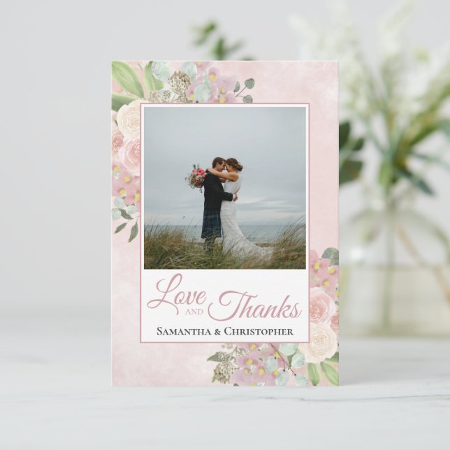 Tarjeta De Agradecimiento Rubor Pink & Mauve Floral Love & Gracias Boda (Anverso de pie)