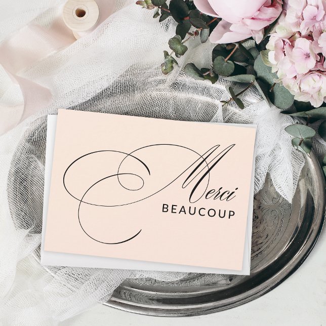 Tarjeta De Agradecimiento Rubor Pink Merci Beaucoup Elegant Calligraphy (Show your taste and sense of style with this elegant thank you card in beautiful calligraphy script.)