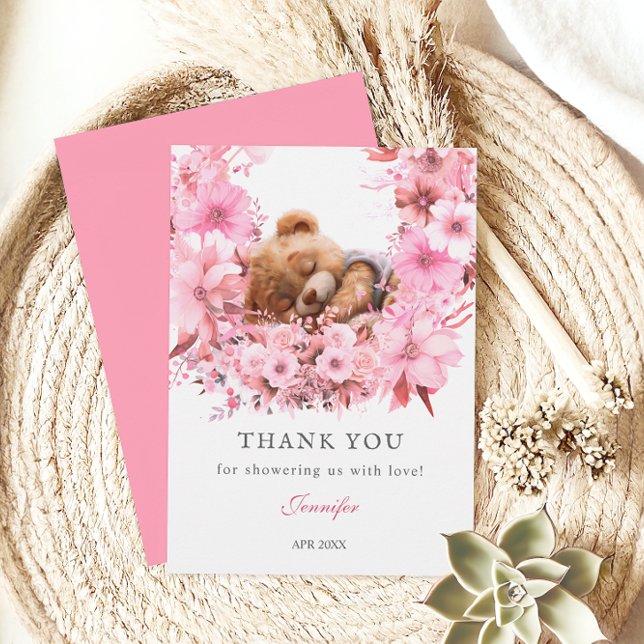 Tarjeta De Agradecimiento Rubor Pink Sleeping Bear Baby Shower (Subido por el creador)