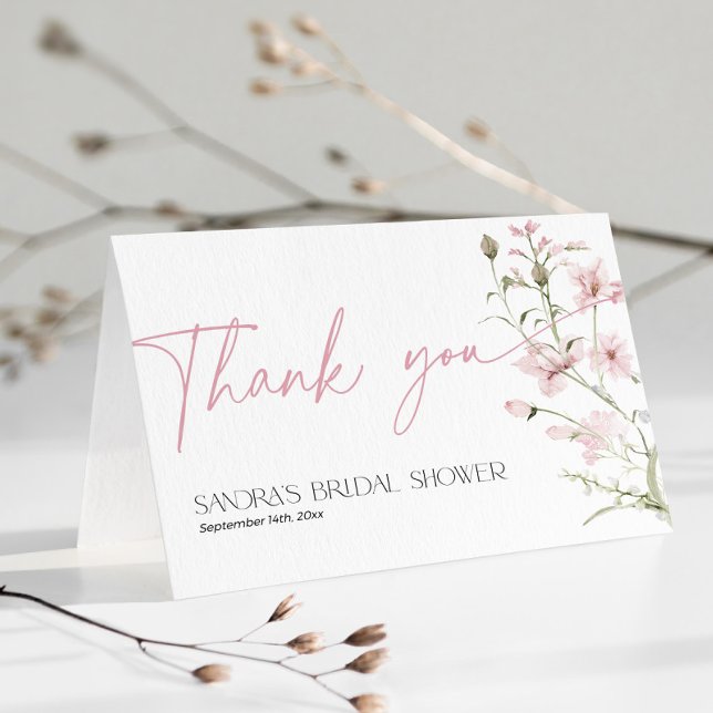 Tarjeta De Agradecimiento Rubor Pink Wildflower Bridal Shower Doble (Blush Pink Wildflowers Thank You Card folded for Bridal Shower)