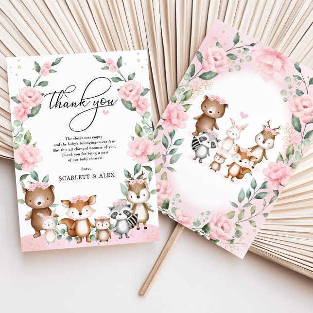 Tarjeta De Agradecimiento Rubor Pink Woodland Floral Animales Baby Shower (Subido por el creador)