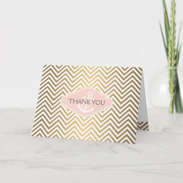 Tarjeta De Agradecimiento Rubor Preppy Chevron Stripe Modern Nautical Anchor (Anverso)