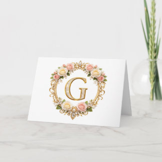 Tarjeta De Agradecimiento Rubor Rosa Dorado Floral Monograma Letra G Boda