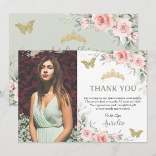 Tarjeta De Agradecimiento Rubor Rosa Floral Verde Salvia Quinceañera Foto