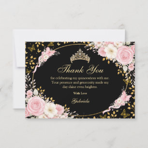 Tarjeta De Agradecimiento Rubor Rosa Quinceañera Mariposa Negra y Dorada