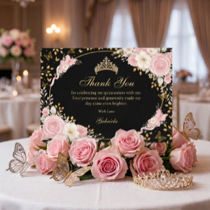 Tarjeta De Agradecimiento Rubor Rosa Quinceañera Mariposa Negra y Dorada
