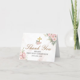 Tarjeta De Agradecimiento Rubor Roses rosados Primera Santa Comunión doblada