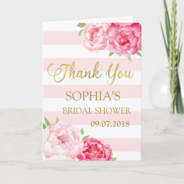 Tarjeta De Agradecimiento Rubor Stripes Pink Floral Bridal Shower (Anverso)