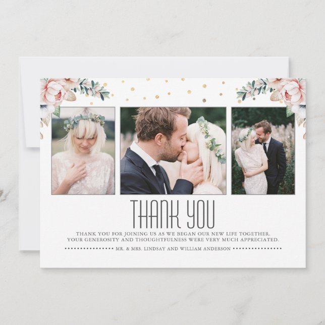 Tarjeta De Agradecimiento Rubor y Gold | Boda Floral Gracias Foto (Anverso)