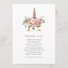 Tarjeta De Agradecimiento Rubor y Rosa Gold Unicorn Baby Shower Gracias