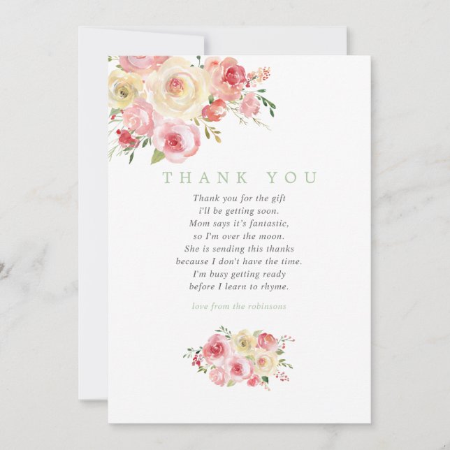 Tarjeta De Agradecimiento Rubor y Sage Floral Baby Shower Gracias (Anverso)