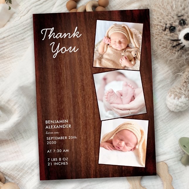 Tarjeta De Agradecimiento Rustic 3 Photo Recién nacido Country Wood Shower (Subido por el creador)