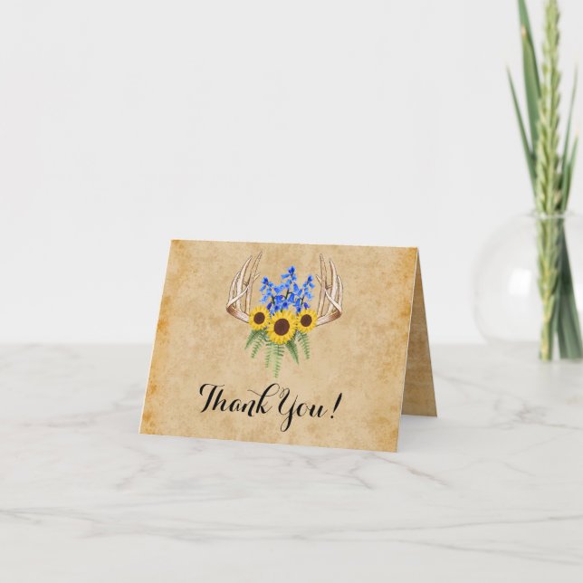 Tarjeta De Agradecimiento Rustic Antlers y Sunflowers Boda Gracias (Anverso)
