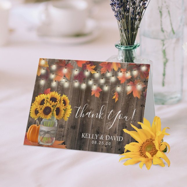 Tarjeta De Agradecimiento Rustic Autumn Sunflower Jar Fall Wedding Gracias (Subido por el creador)
