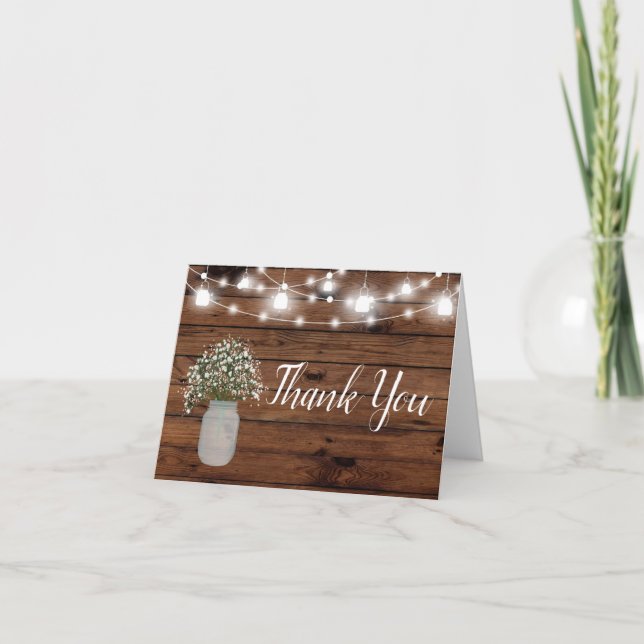 Tarjeta De Agradecimiento Rustic Babys Breath Mason Jar Wood Gracias (Anverso)