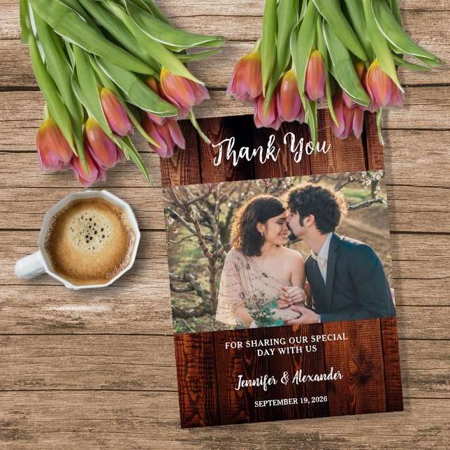 Tarjeta De Agradecimiento Rustic barn wood photo country wedding (Rustic barn wood photo country wedding thank you card. )