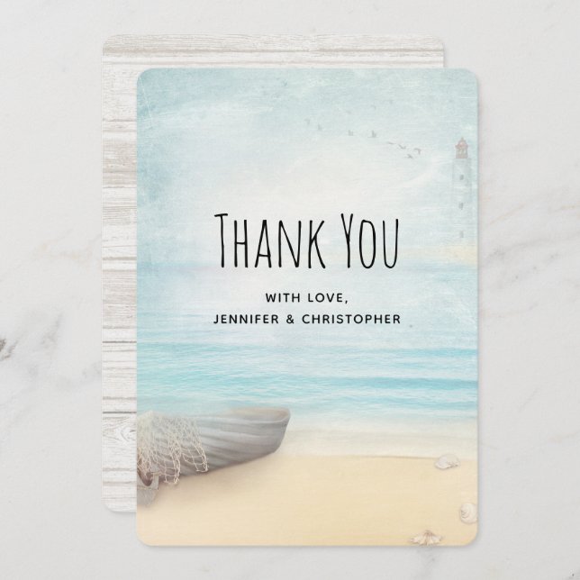 Tarjeta De Agradecimiento Rustic Beach Scene with Boat Gracias Card (Anverso / Reverso)