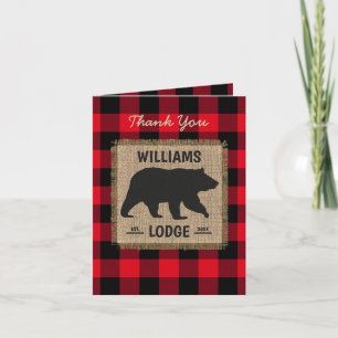 Tarjeta De Agradecimiento Rustic Bear Red Black Buffalo Family Name Lodge