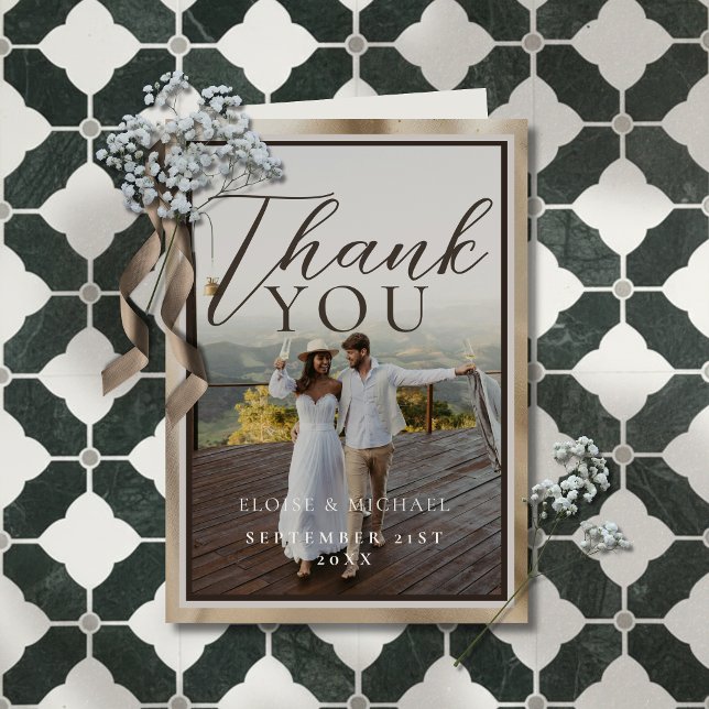 Tarjeta De Agradecimiento Rustic Brown Botanical Pattern Photo Wedding (Thank your guests for celebrating your big day with this Rustic Brown Photo Folded Thank You Card!)