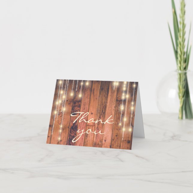 Tarjeta De Agradecimiento Rustic Brown Wood String Lights (Anverso)
