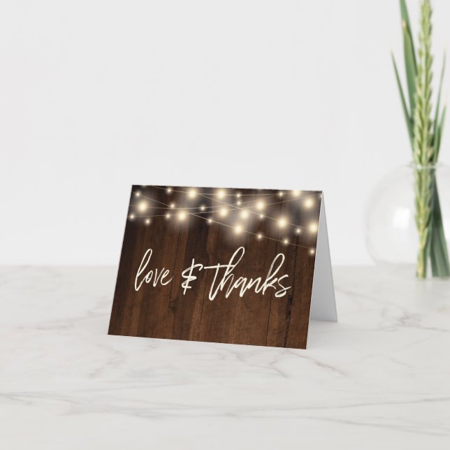Tarjeta De Agradecimiento Rustic Brown Wood String Lights (Anverso)