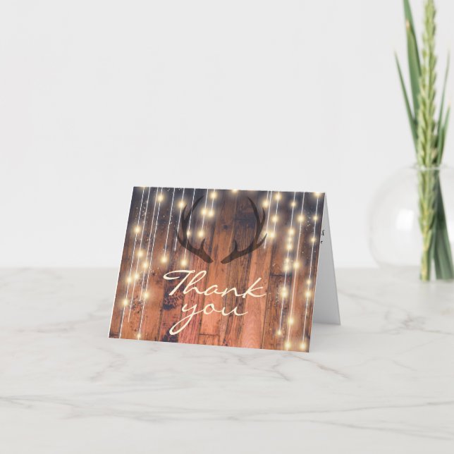 Tarjeta De Agradecimiento Rustic Brown Wood String Lights (Anverso)