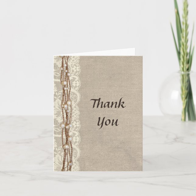 Tarjeta De Agradecimiento Rustic Burlap Lace Pearls Gracias Card (Anverso)