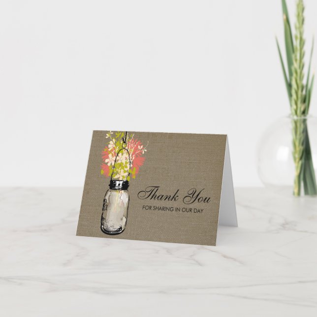 Tarjeta De Agradecimiento Rustic Burlap Mason Jar lleno de flores silvestres (Anverso)