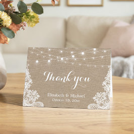 Tarjeta De Agradecimiento Rustic Burlap String Lights Lace Boda Gracias