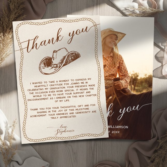 Tarjeta De Agradecimiento  Rustic Cowboy Hat Photo Graduation Party Script (Subido por el creador)