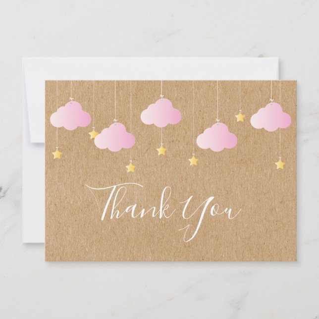 Tarjeta De Agradecimiento Rustic Cute Pink Clouds Gold Stars Gracias (Anverso)