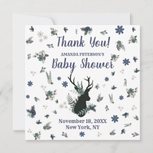 Tarjeta De Agradecimiento Rustic Deer Head Blue Floral Baby Shower Gracias