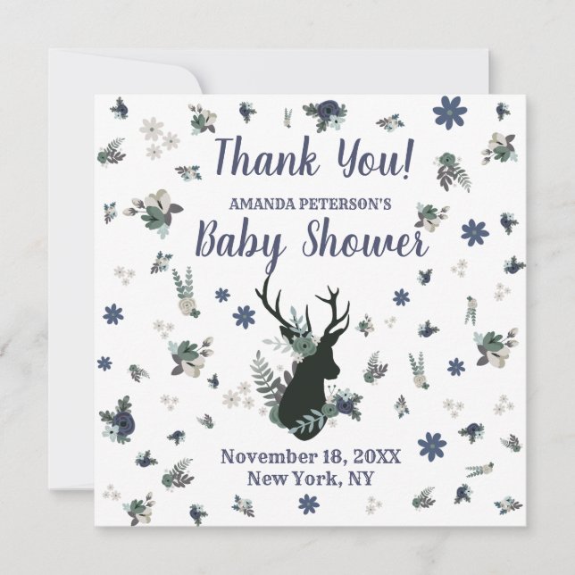 Tarjeta De Agradecimiento Rustic Deer Head Blue Floral Baby Shower Gracias (Anverso)