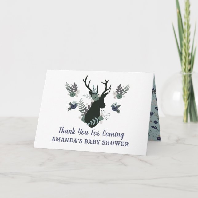 Tarjeta De Agradecimiento Rustic Deer Head Blue Floral Baby Shower Gracias (Anverso)