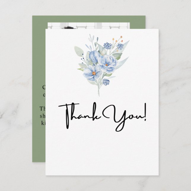 Tarjeta De Agradecimiento rustic dusty blue watercolor flowers & leaves (Anverso / Reverso)