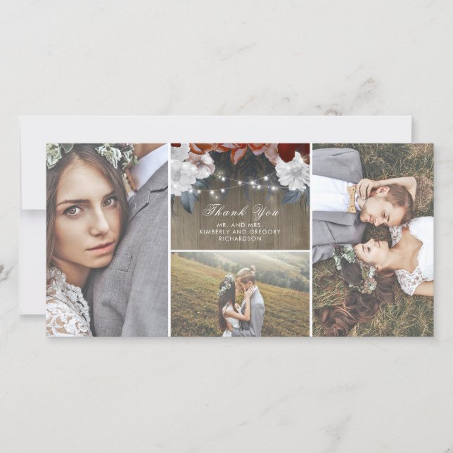 Tarjeta De Agradecimiento Rustic Floral String Lights Wood Boda Gracias (Anverso)