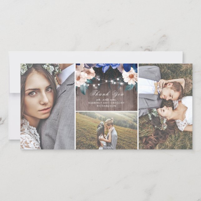 Tarjeta De Agradecimiento Rustic Floral String Lights Wood Boda Gracias (Anverso)