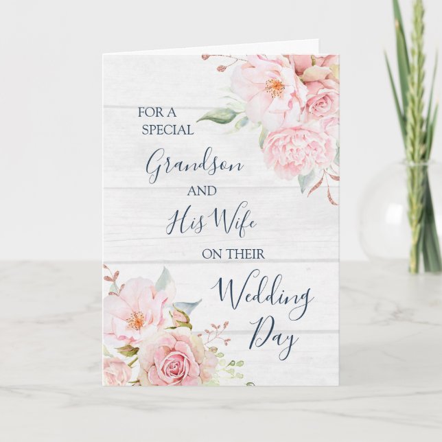 Tarjeta De Agradecimiento Rustic Floral Wedding Day Grandson and Wife card (Anverso)