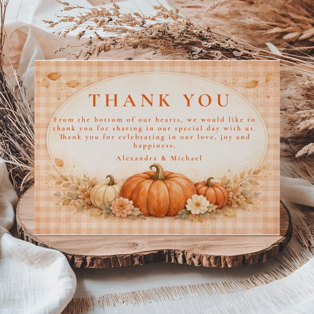 Tarjeta De Agradecimiento Rustic Gingham Pumpkin Fall Wedding (Subido por el creador)