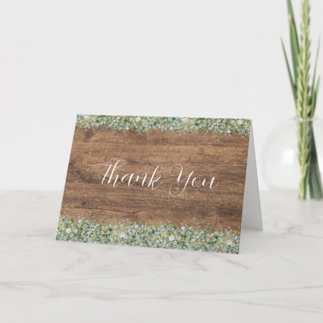 Tarjeta De Agradecimiento Rustic Gold Eucalyptus & White Floral Wood Wedding (Anverso)