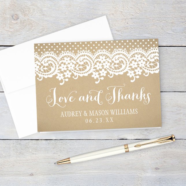 Tarjeta De Agradecimiento Rustic Kraft and Lace Wedding Love and Thanks (Subido por el creador)