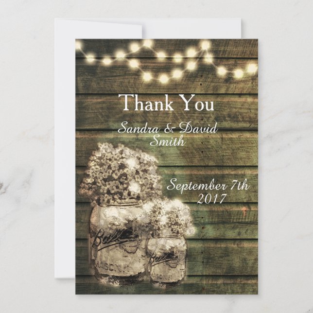 Tarjeta De Agradecimiento Rustic Mason Jar Boda Gracias (Anverso)