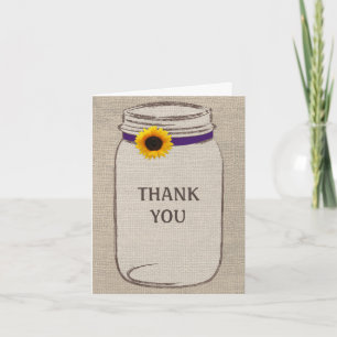 Tarjeta De Agradecimiento Rustic Mason Jar & Burlap Purple Gold Gracias