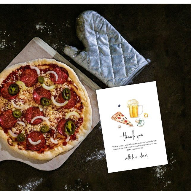 Tarjeta De Agradecimiento Rustic Modern Pizza Beers Pacifier Baby Shower (Rustic Modern Pizza Beers Pacifier Baby Shower Thank You Card)