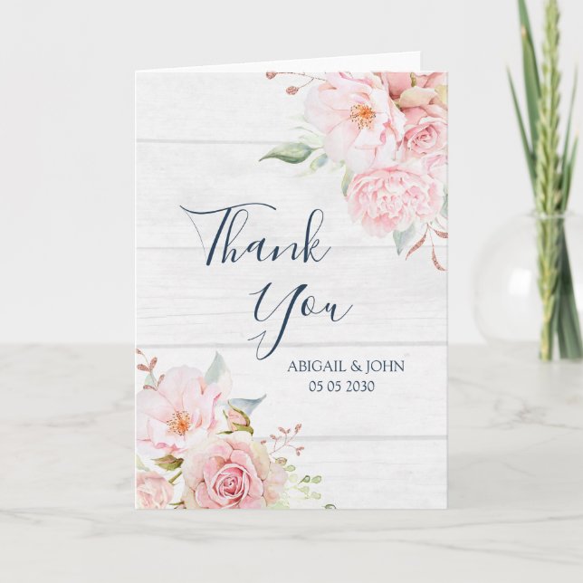 Tarjeta De Agradecimiento Rustic Pink Floral Spring Wedding Thank You Card (Anverso)