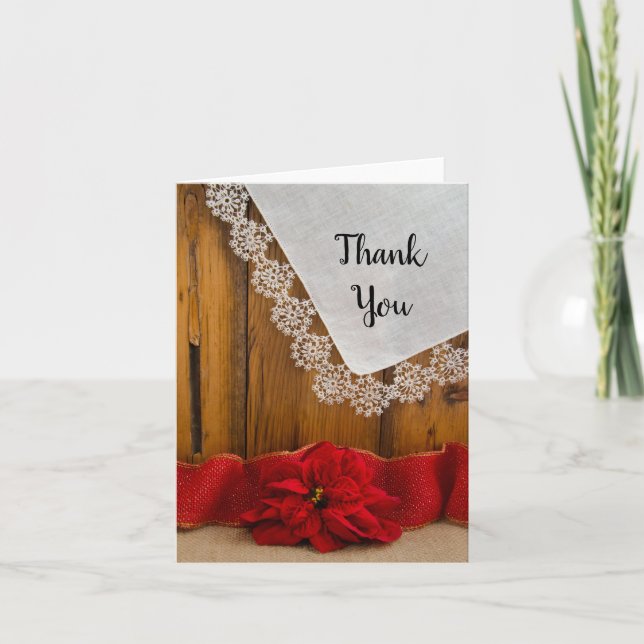 Tarjeta De Agradecimiento Rustic Poinsettia Country Winter Wedding Gracias (Anverso)