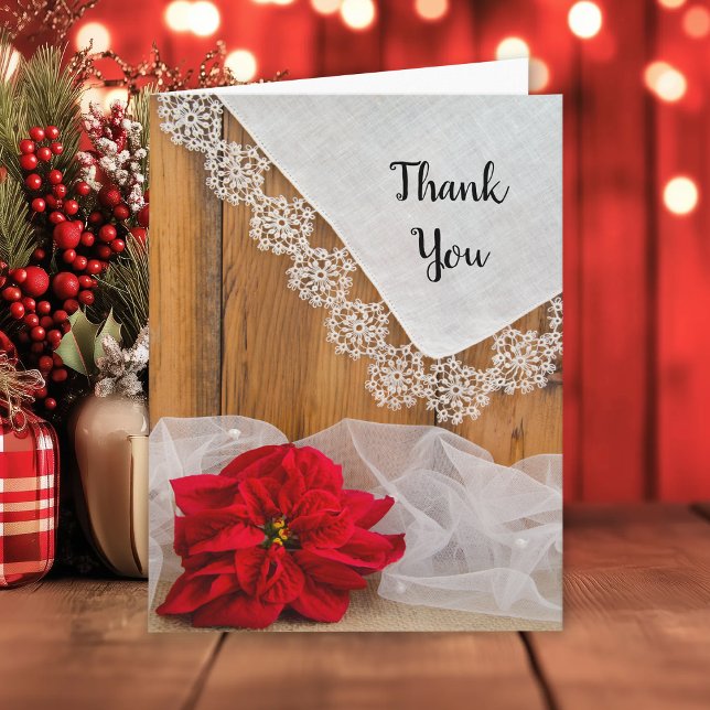 Tarjeta De Agradecimiento Rustic Poinsettia Lace Winter Wedding Gracias (Subido por el creador)