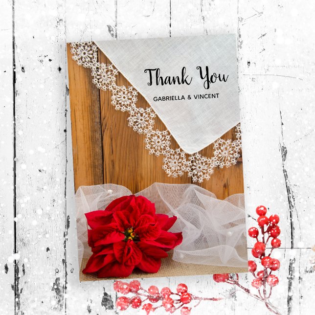 Tarjeta De Agradecimiento Rustic Poinsettia Lace Winter Wedding Gracias (Send a note of thanks after your rustic December barn party bridal shower or wedding.)