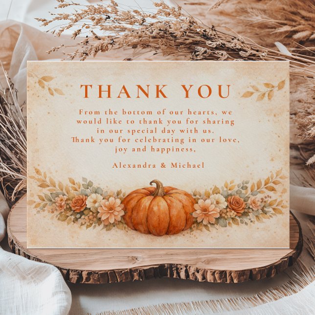 Tarjeta De Agradecimiento Rustic Pumpkin Floral Fall Wedding (Subido por el creador)