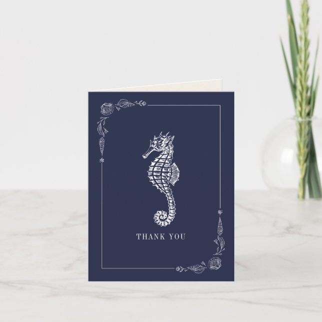 Tarjeta De Agradecimiento Rustic Seahorse Dark Blue Beach Wedding (Anverso)